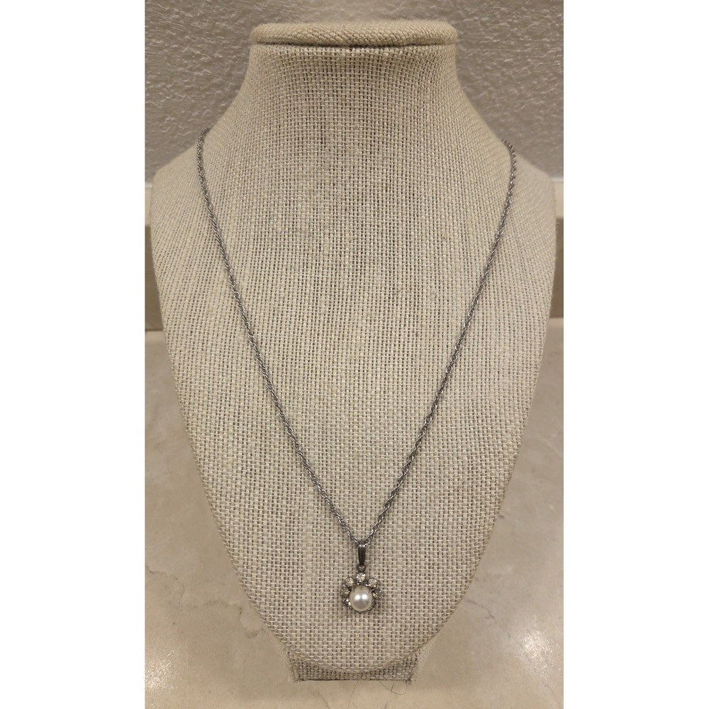 Vintage Sterling Silver Twist Rope 24" Necklace Pearl & Crystal‎ Pendant